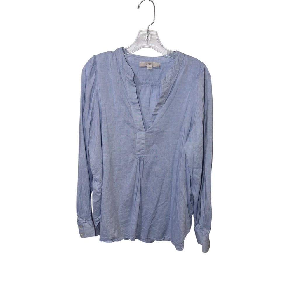 LOFT Size XL Blue Split Neck Long Sleeve Blouse Cotton Viscose